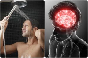 Collage uomo che si fa la doccia e cervello stilizzato che si attiva