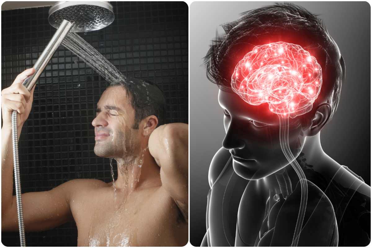 Collage uomo che si fa la doccia e cervello stilizzato che si attiva
