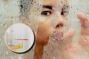 Una ragazza dietro un vetro appannato della doccia e, in evidenza, un tergivetro per pulire