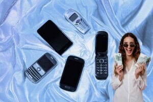 cellulari vecchi, donna con euro