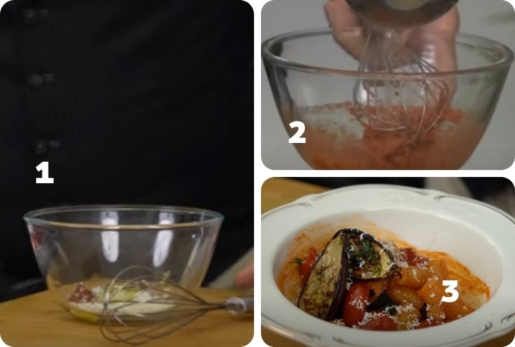 Ciotola con ingredienti e Pasta alla Norma