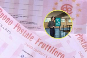 Buoni fruttiferi cartacei e, in evidenza, la grafica di promozione di Poste Italiane