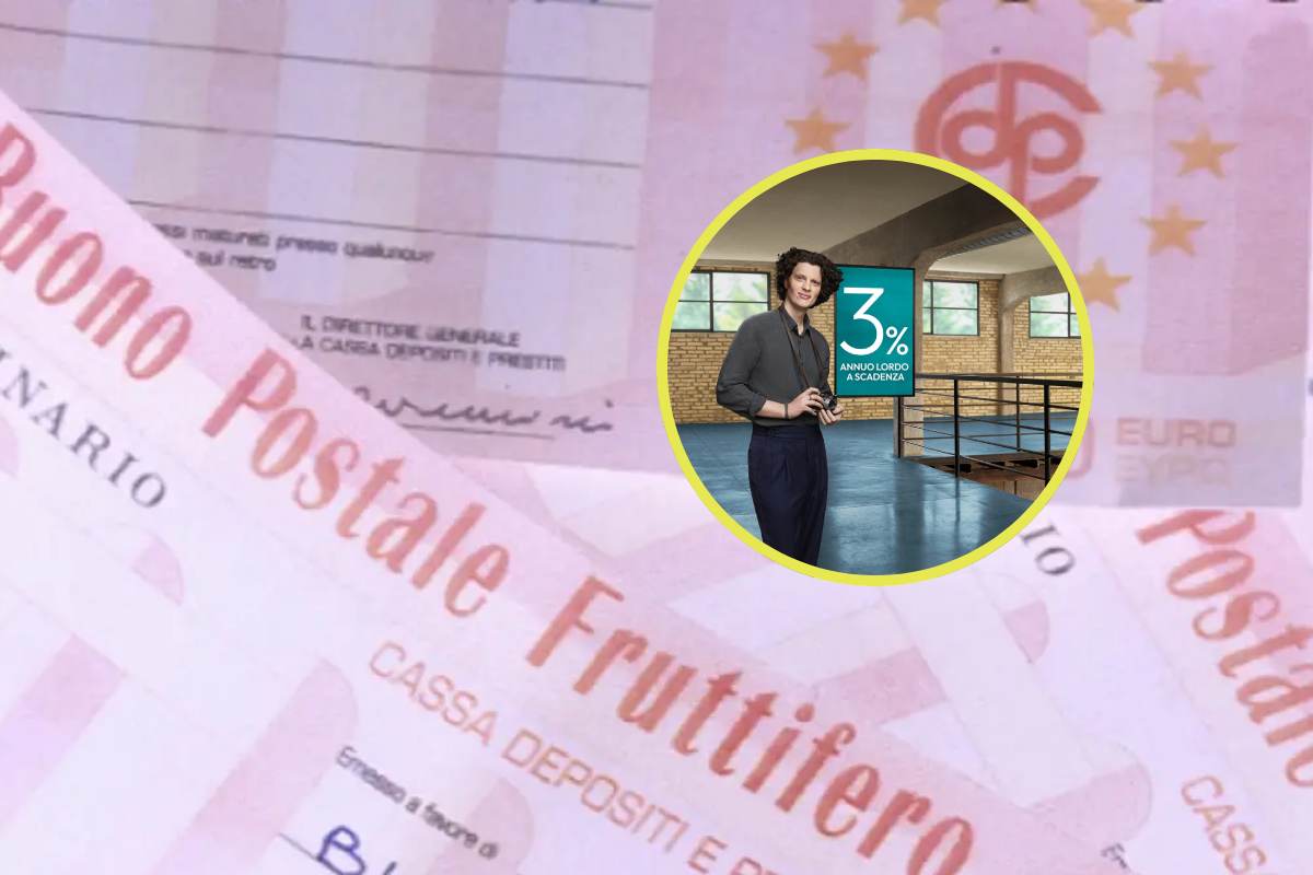 Buoni fruttiferi cartacei e, in evidenza, la grafica di promozione di Poste Italiane