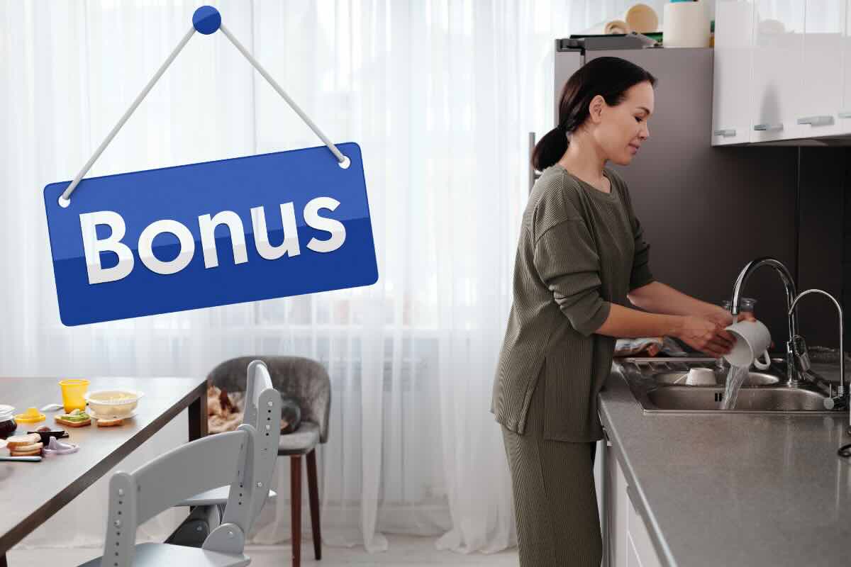 donna che lava i piatti e scritta bonus