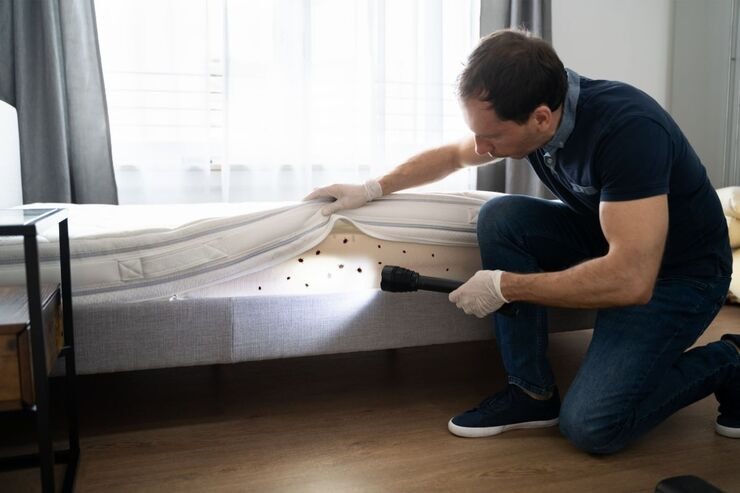 Uomo controlla nel letto, cimici