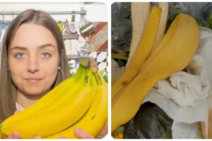 Ragazza con banane, pattumiera con bucce di banane e altri scarti