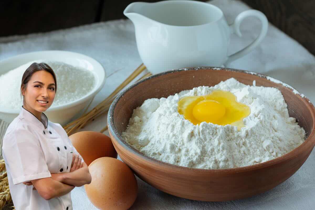 uova, farina, latte, donna chef