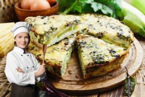 torta salata alle zucchine e donna chef