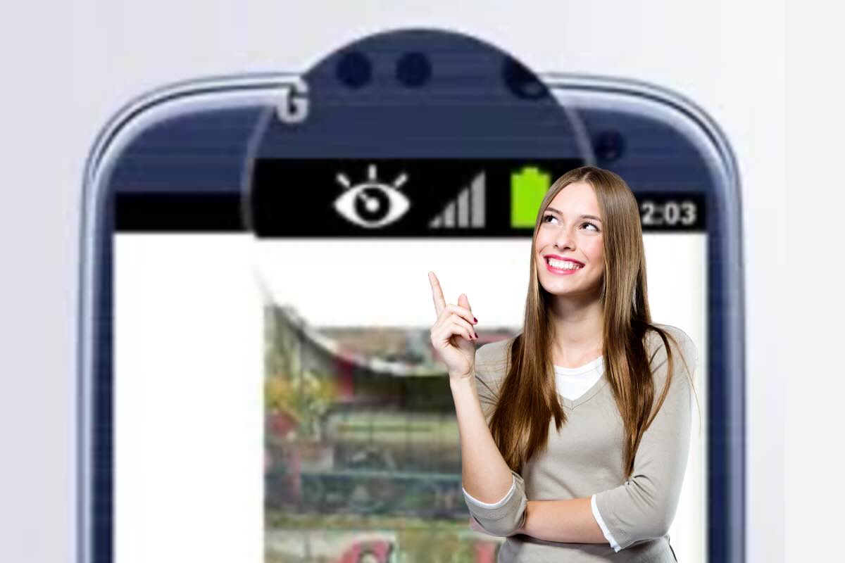 icona forma d'occhio telefono e donna che indica