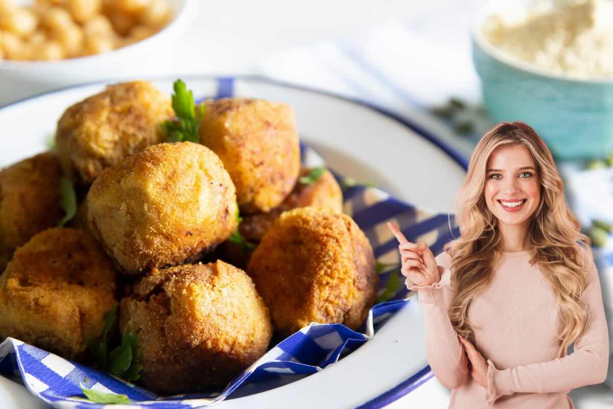 Piatto con polpette, ragazza sorridente con dito alzato