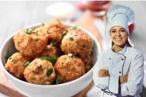 ciotola con polpette e donna chef