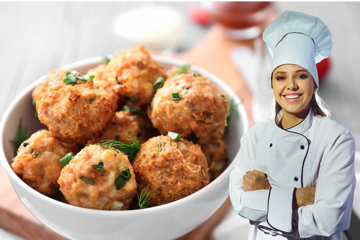 ciotola con polpette e donna chef