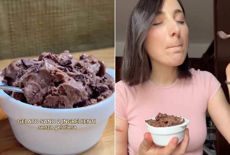 collage gelato e ragazza che mangia il gelato