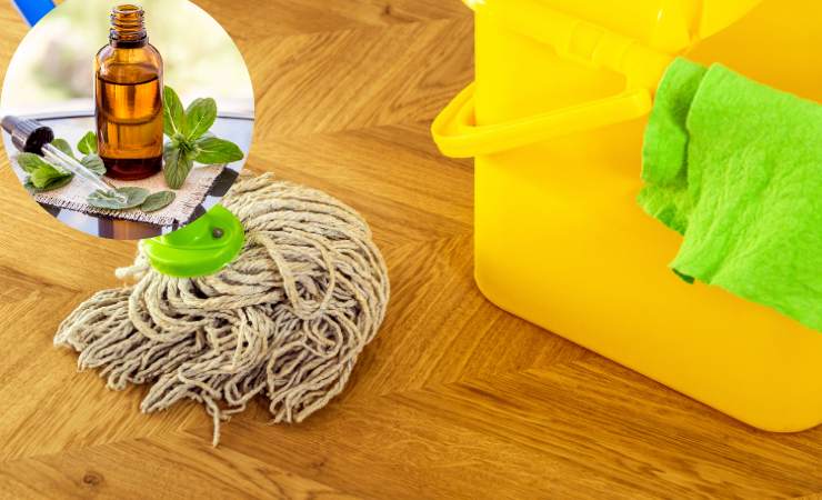 secchio con mocio e olio essenziale