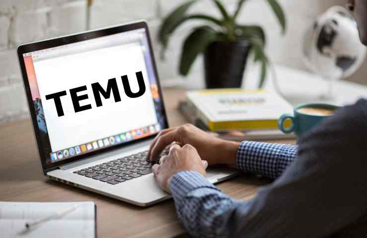 uomo al pc, schermo scritta temu