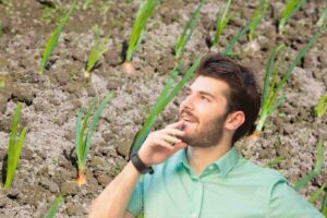 Campo con cipolle, uomo pensieroso