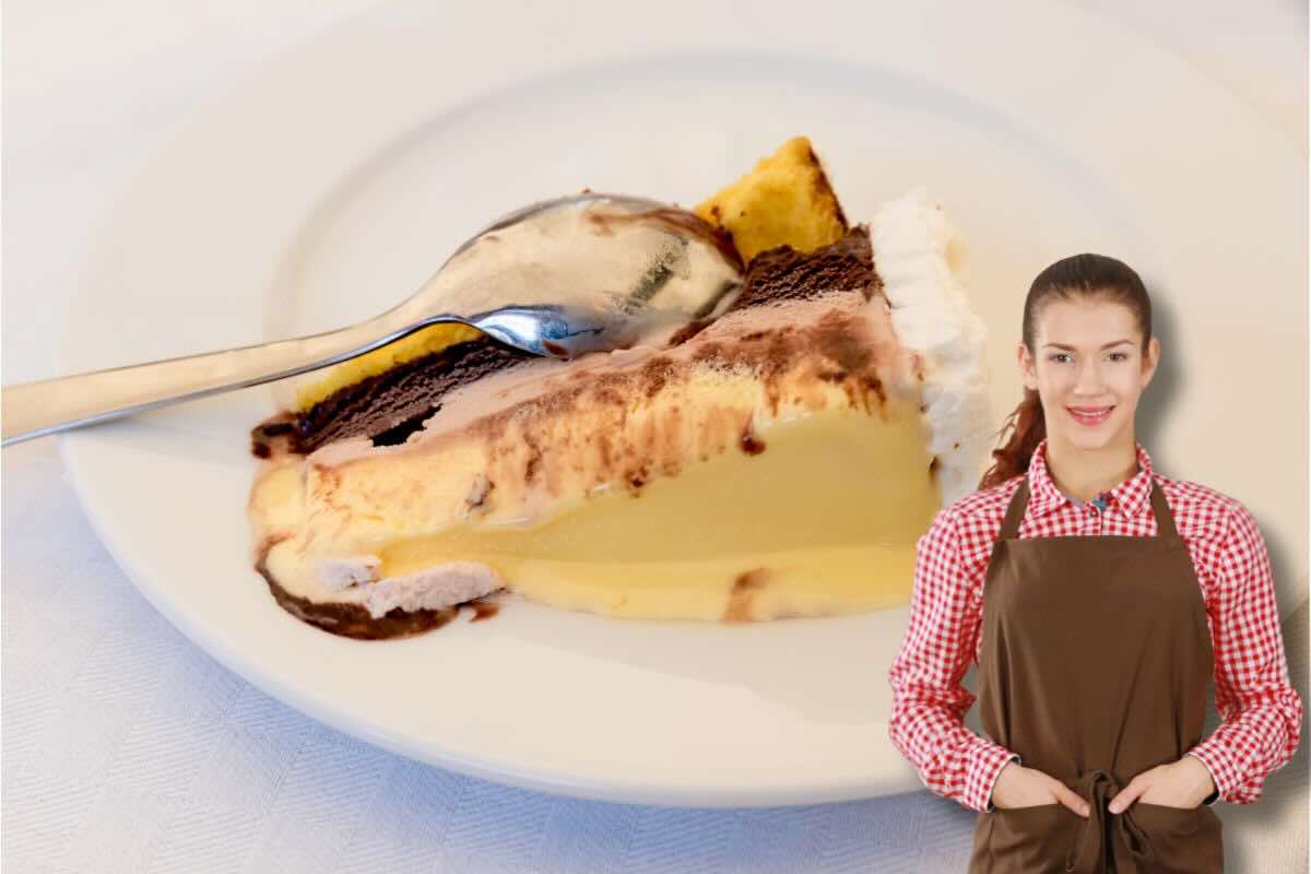 Torta gelato, donna con grembiule da cucina