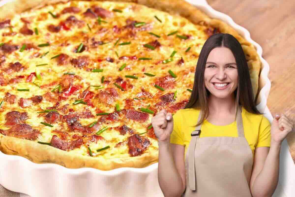 Torta salata, donna con grembiule felice