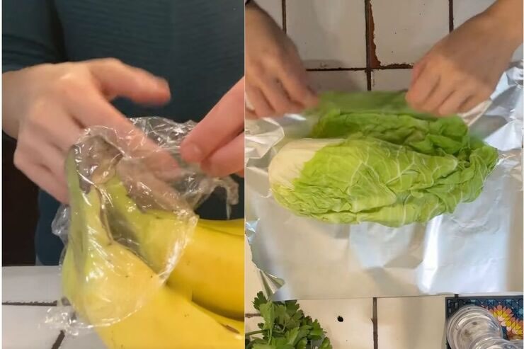Pellicola su casco di banane, arrotolare insalata nella carta stagnola