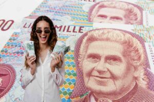 1000 lire montessori, donna con euro